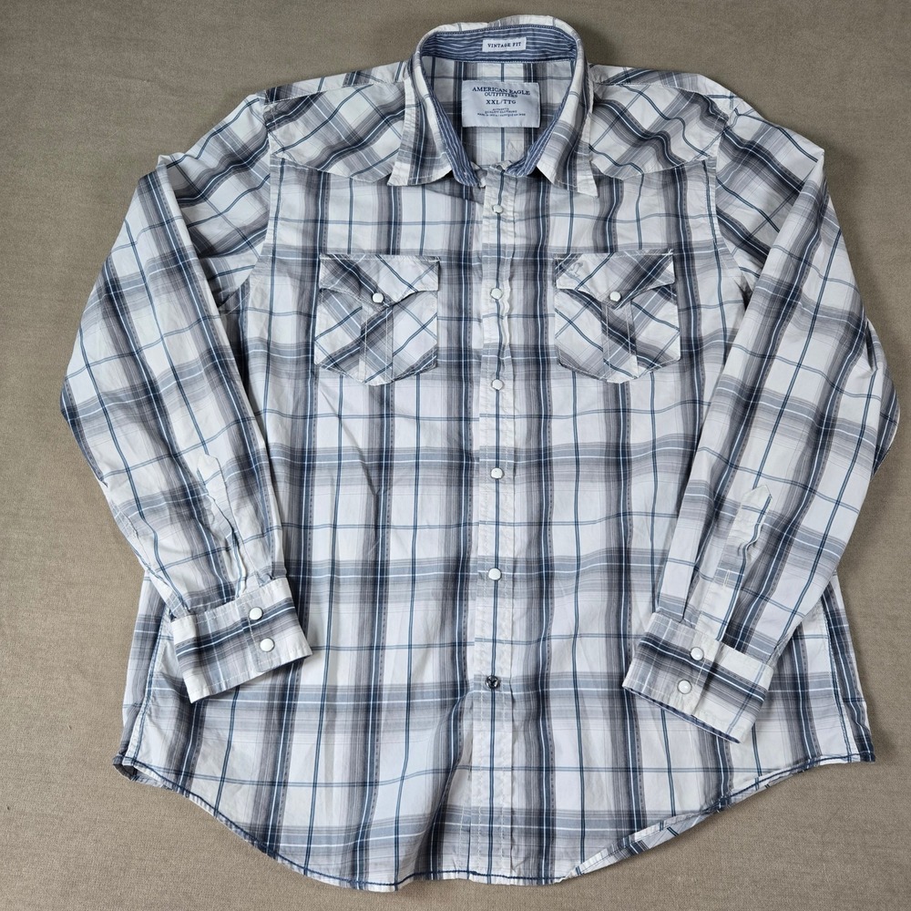 American Eagle Outfitters XXL Plaid Western Shirt Long Sleeve Pearl Snap Pockets